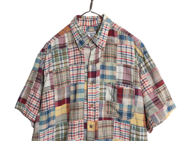 90s ブルックスブラザーズ パッチワーク 半袖 ボタンダウン シャツ メンズ L 半袖シャツ コットン マドラス チェック クレイジー パターン 