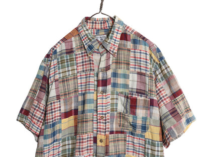 90s ブルックスブラザーズ パッチワーク 半袖 ボタンダウン シャツ メンズ L 半袖シャツ コットン マドラス チェック クレイジー パターン 