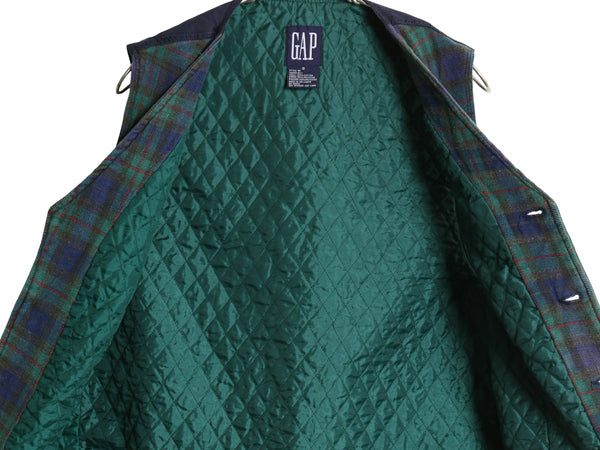90s オールド ギャップ チェック フランネル テーラード ベスト メンズ S 紺タグ 前開き 重ね着 コットン 切替 中綿 キルティング ライナー