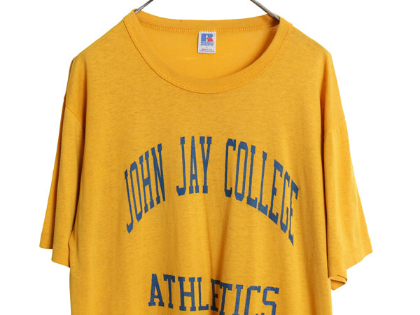 80s USA製 ラッセル 2段 カレッジ プリント 半袖 Tシャツ メンズ L 古着 ヴィンテージ シングルステッチ カットソー クルーネック イエロー