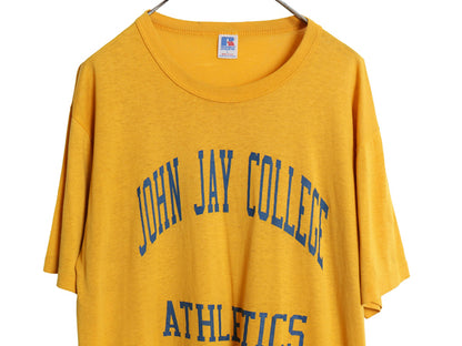80s USA製 ラッセル 2段 カレッジ プリント 半袖 Tシャツ メンズ L 古着 ヴィンテージ シングルステッチ カットソー クルーネック イエロー