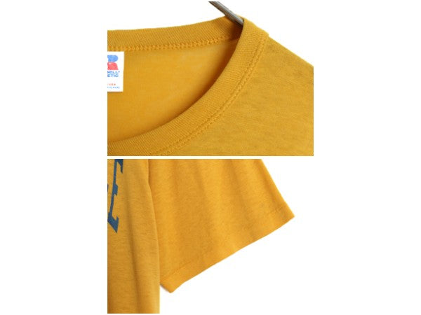 80s USA製 ラッセル 2段 カレッジ プリント 半袖 Tシャツ メンズ L 古着 ヴィンテージ シングルステッチ カットソー クルーネック イエロー