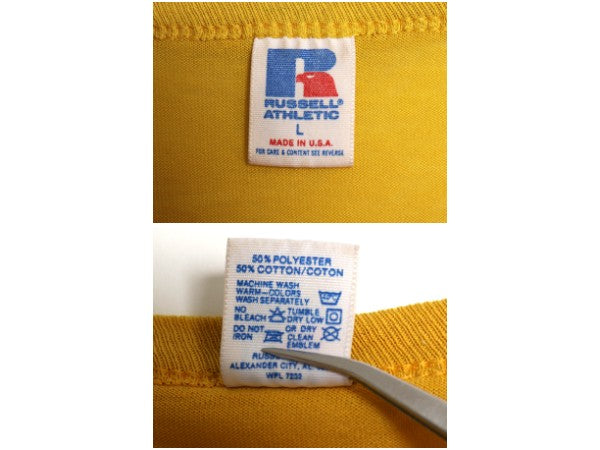 80s USA製 ラッセル 2段 カレッジ プリント 半袖 Tシャツ メンズ L 古着 ヴィンテージ シングルステッチ カットソー クルーネック イエロー