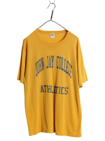 80s USA製 ラッセル 2段 カレッジ プリント 半袖 Tシャツ メンズ L 古着 ヴィンテージ シングルステッチ カットソー クルーネック イエロー