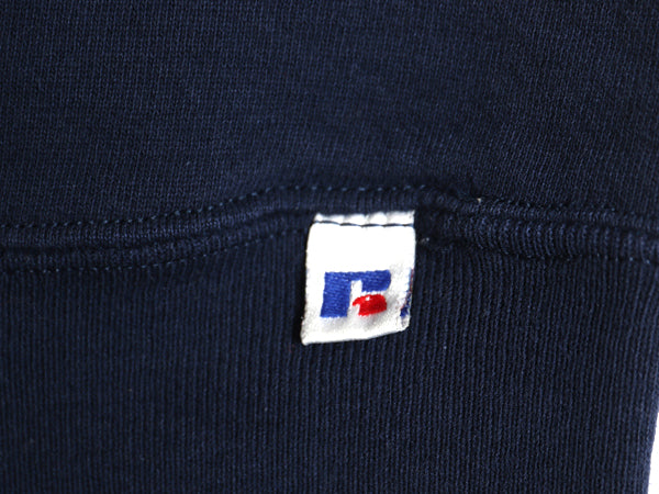 90s USA製 ラッセル ワンポイント ロゴ刺繍 スウェット メンズ レディース L  / オールド トレーナー 前V 裏起毛 クルーネック シンプル 紺