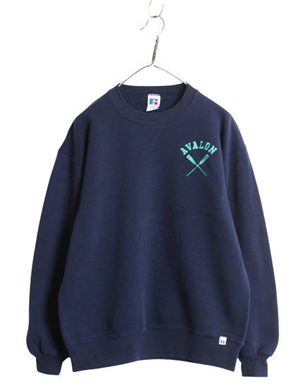 90s USA製 ラッセル ワンポイント ロゴ刺繍 スウェット メンズ レディース L  / オールド トレーナー 前V 裏起毛 クルーネック シンプル 紺