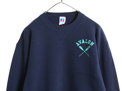 90s USA製 ラッセル ワンポイント ロゴ刺繍 スウェット メンズ レディース L  / オールド トレーナー 前V 裏起毛 クルーネック シンプル 紺