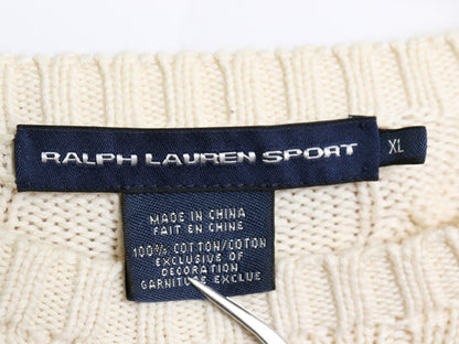 ラルフローレン コットン ケーブル ニット セーター レディース XL ポロ スポーツ クルーネック ワンポイント ポニー 刺繍 大きいサイズ 白