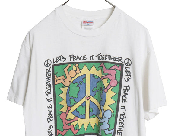 90s アート イラスト プリント Tシャツ M 小さめ メンズ S 程/ オールド メッセージ キース ヘリング パロディ シングルステッチ ホワイト