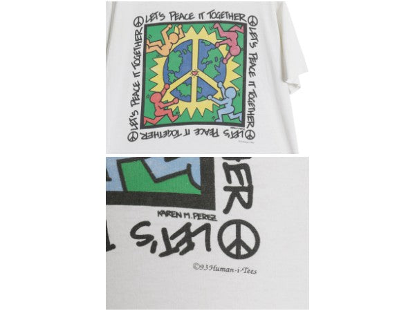 90s アート イラスト プリント Tシャツ M 小さめ メンズ S 程/ オールド メッセージ キース ヘリング パロディ シングルステッチ ホワイト