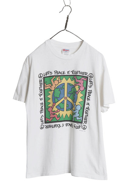 90s アート イラスト プリント Tシャツ M 小さめ メンズ S 程/ オールド メッセージ キース ヘリング パロディ シングルステッチ ホワイト