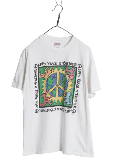 90s アート イラスト プリント Tシャツ M 小さめ メンズ S 程/ オールド メッセージ キース ヘリング パロディ シングルステッチ ホワイト