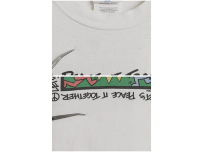 90s アート イラスト プリント Tシャツ M 小さめ メンズ S 程/ オールド メッセージ キース ヘリング パロディ シングルステッチ ホワイト