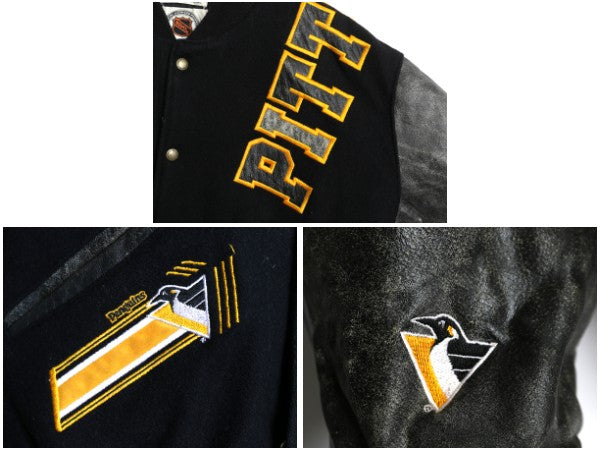 90s ペンギンズ DeLONG 袖 本革 レザー ウール スタジャン メンズ L オールド NHL オフィシャル 中綿 キルティング アワード ジャケット 黒