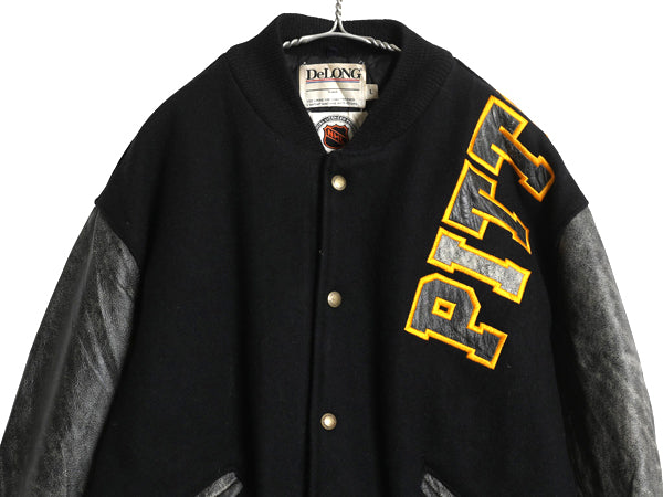 90s ペンギンズ DeLONG 袖 本革 レザー ウール スタジャン メンズ L オールド NHL オフィシャル 中綿 キルティング アワード ジャケット 黒