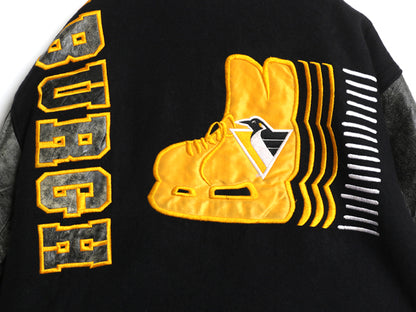 90s ペンギンズ DeLONG 袖 本革 レザー ウール スタジャン メンズ L オールド NHL オフィシャル 中綿 キルティング アワード ジャケット 黒