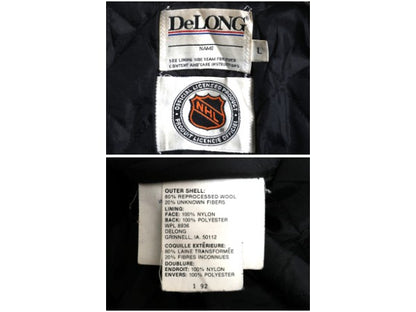 90s ペンギンズ DeLONG 袖 本革 レザー ウール スタジャン メンズ L オールド NHL オフィシャル 中綿 キルティング アワード ジャケット 黒