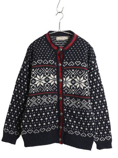 80s USA製 エルエルビーン ノルディック ニット カーディガン レディース M ヴィンテージ ウール セーター 前開き 羽織り バーズアイ 総柄