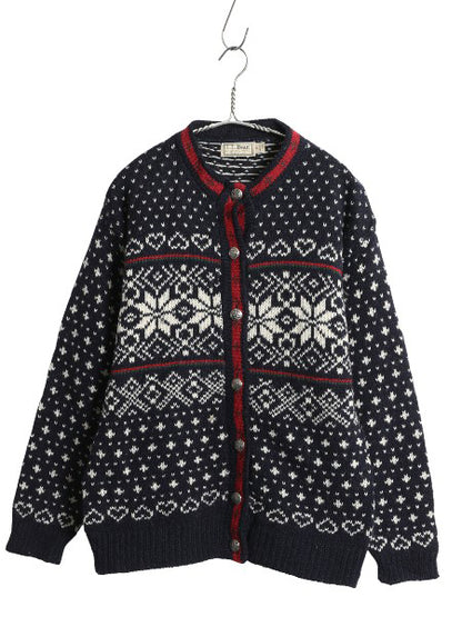 80s USA製 エルエルビーン ノルディック ニット カーディガン レディース M ヴィンテージ ウール セーター 前開き 羽織り バーズアイ 総柄