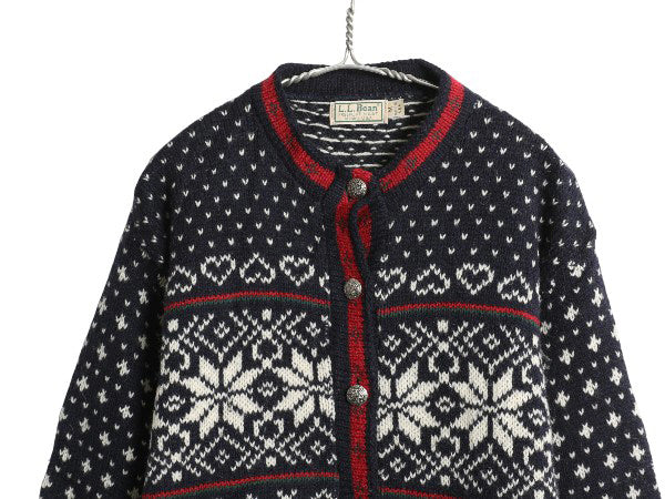 80s USA製 エルエルビーン ノルディック ニット カーディガン レディース M ヴィンテージ ウール セーター 前開き 羽織り バーズアイ 総柄