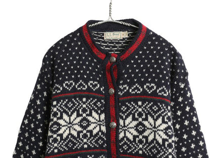 80s USA製 エルエルビーン ノルディック ニット カーディガン レディース M ヴィンテージ ウール セーター 前開き 羽織り バーズアイ 総柄