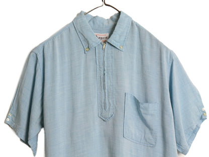 60s ★ BLANCE ハーフジップ ボタンダウン 半袖 シャツ メンズ M / 古着 ヴィンテージ レーヨン BD プルオーバー ボックス サックス 無地
