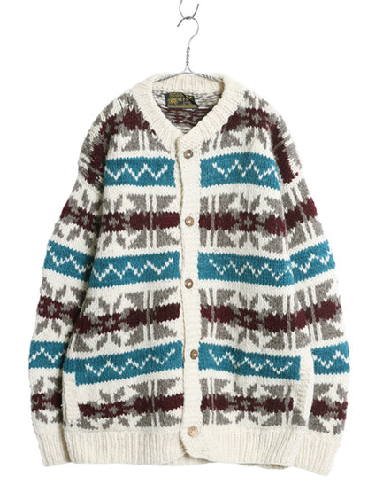 エクアドル製 REY WEAR ウール ニット カーディガン メンズ XL 古着 ノルディック ハンドメイド セーター 前開き ローゲージ 大きいサイズ