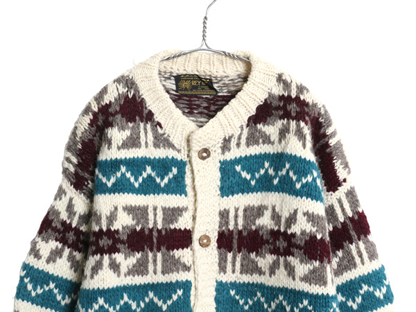 エクアドル製 REY WEAR ウール ニット カーディガン メンズ XL 古着 ノルディック ハンドメイド セーター 前開き ローゲージ 大きいサイズ