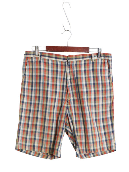 60s 70s ★ チェック ショート パンツ メンズ 33 程 古着 ヴィンテージ コットン ショーツ 短パン 薄手 ノータック マドラス マルチカラー 