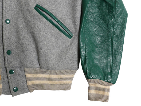 60s ★ HOWE 袖 本革 レザー ウール スタジャン メンズ L ヴィンテージ 襟付き ウイングフット サガラ ワッペン アワード ジャケット 灰 緑