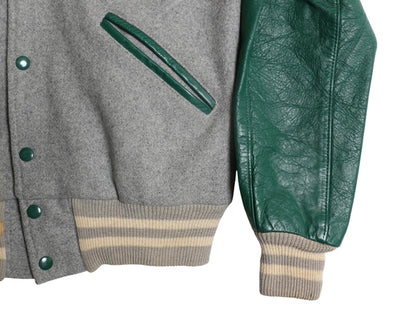 60s ★ HOWE 袖 本革 レザー ウール スタジャン メンズ L ヴィンテージ 襟付き ウイングフット サガラ ワッペン アワード ジャケット 灰 緑