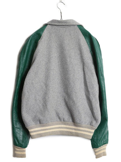 60s ★ HOWE 袖 本革 レザー ウール スタジャン メンズ L ヴィンテージ 襟付き ウイングフット サガラ ワッペン アワード ジャケット 灰 緑