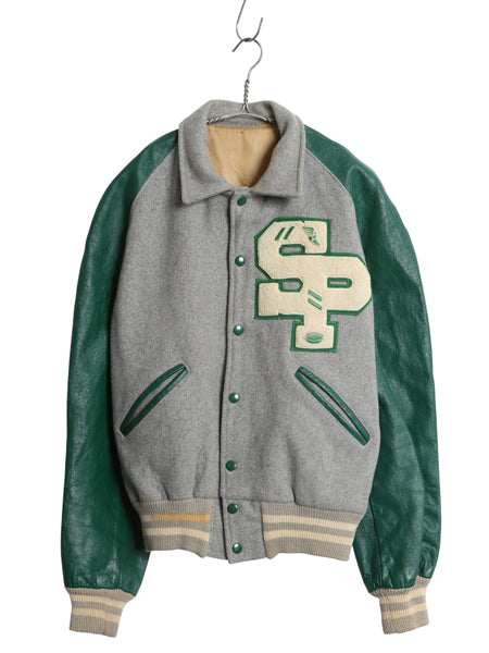 60s ★ HOWE 袖 本革 レザー ウール スタジャン メンズ L ヴィンテージ 襟付き ウイングフット サガラ ワッペン アワード ジャケット 灰 緑