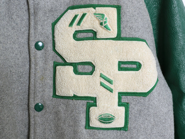 60s ★ HOWE 袖 本革 レザー ウール スタジャン メンズ L ヴィンテージ 襟付き ウイングフット サガラ ワッペン アワード ジャケット 灰 緑