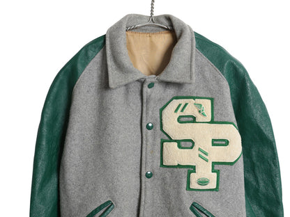 60s ★ HOWE 袖 本革 レザー ウール スタジャン メンズ L ヴィンテージ 襟付き ウイングフット サガラ ワッペン アワード ジャケット 灰 緑