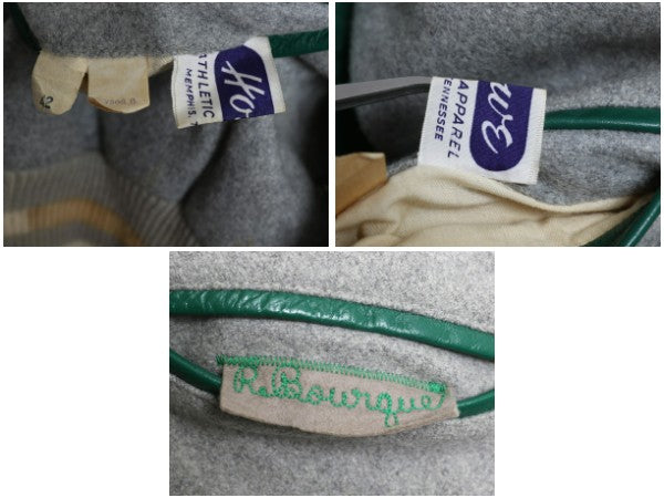 60s ★ HOWE 袖 本革 レザー ウール スタジャン メンズ L ヴィンテージ 襟付き ウイングフット サガラ ワッペン アワード ジャケット 灰 緑