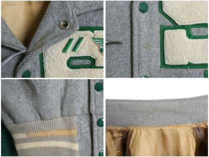 60s ★ HOWE 袖 本革 レザー ウール スタジャン メンズ L ヴィンテージ 襟付き ウイングフット サガラ ワッペン アワード ジャケット 灰 緑