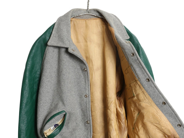 60s ★ HOWE 袖 本革 レザー ウール スタジャン メンズ L ヴィンテージ 襟付き ウイングフット サガラ ワッペン アワード ジャケット 灰 緑