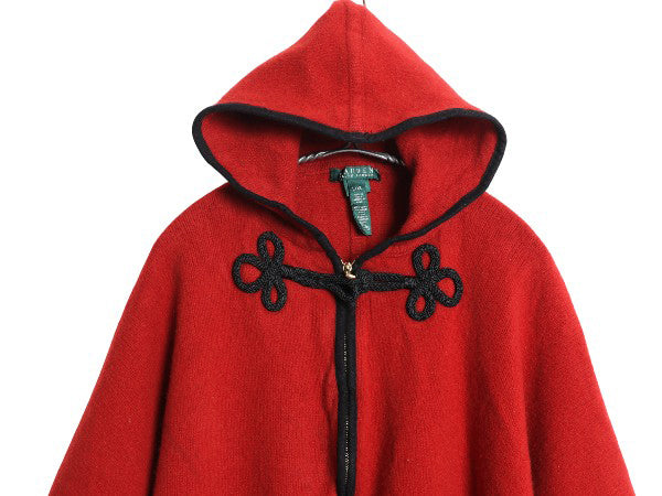 90s ローレン ラルフローレン ウール ニット ポンチョ レディース L XL / オールド フルジップ ケープ ジャケット パーカー 大きいサイズ