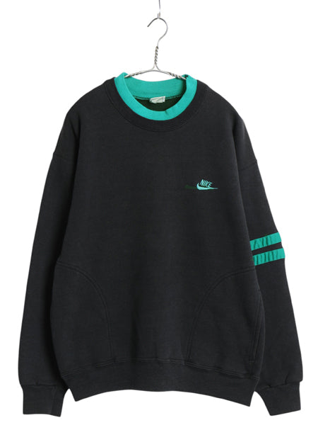90s USA製 ナイキ ワンポイント スウェット メンズ L オールド 初期 銀タグ スウッシュ ロゴ 裏起毛 トレーナー ポケット付き 黒 襟ダブル