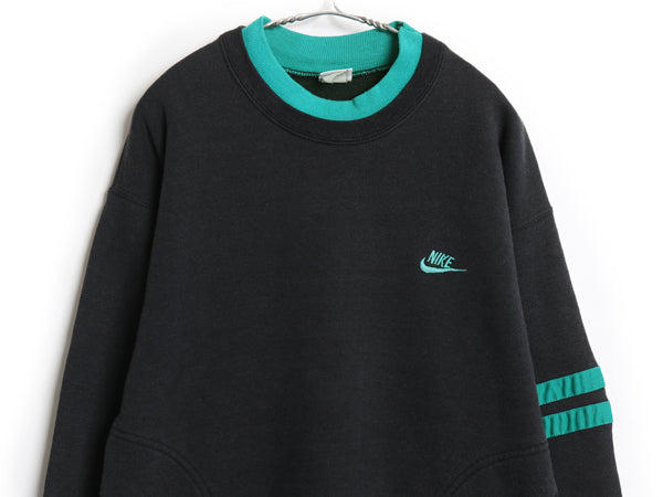 90s USA製 ナイキ ワンポイント スウェット メンズ L オールド 初期 銀タグ スウッシュ ロゴ 裏起毛 トレーナー ポケット付き 黒 襟ダブル