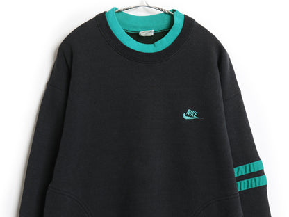 90s USA製 ナイキ ワンポイント スウェット メンズ L オールド 初期 銀タグ スウッシュ ロゴ 裏起毛 トレーナー ポケット付き 黒 襟ダブル