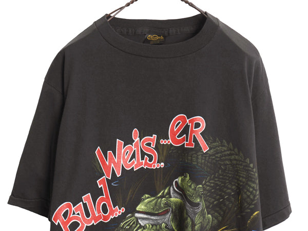 90s USA製 ★ バドワイザー カエル ワニ イラスト プリント Tシャツ メンズ L / オールド 企業物 当時物 キャラクター ビール アニマル 黒