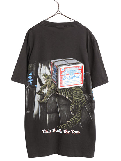 90s USA製 ★ バドワイザー カエル ワニ イラスト プリント Tシャツ メンズ L / オールド 企業物 当時物 キャラクター ビール アニマル 黒