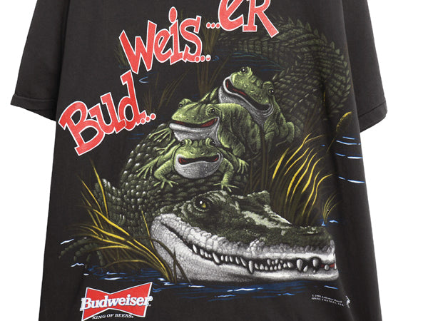 90s USA製 ★ バドワイザー カエル ワニ イラスト プリント Tシャツ メンズ L / オールド 企業物 当時物 キャラクター ビール アニマル 黒