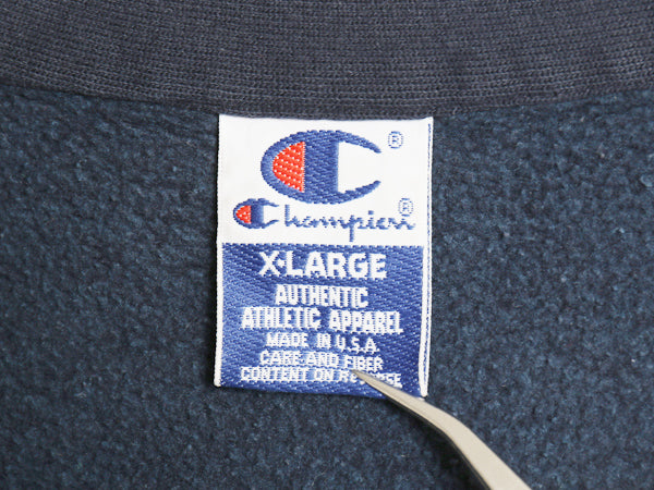 90s USA製 チャンピオン ハーフジップ スウェット メンズ XL オールド トレーナー ヘビーウェイト 裏起毛 ハイネック 企業 大きいサイズ 紺