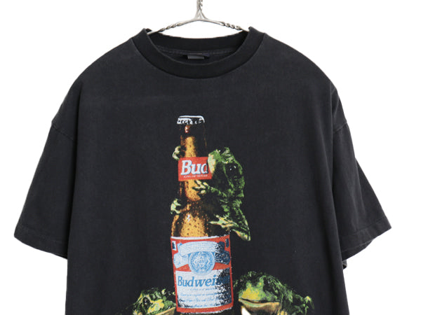 90s USA製 ★ バドワイザー カエル イラスト プリント Tシャツ メンズ L / 古着 オールド グラフィック ビール 企業物 当時物 アニマル 黒