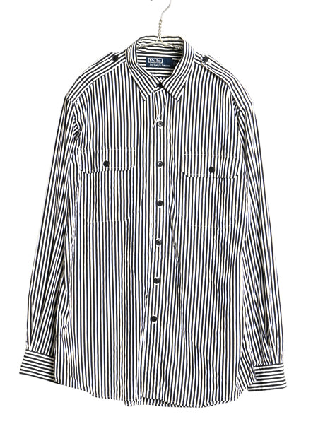 00s ポロ ラルフローレン ストライプ 長袖 オフィサー シャツ メンズ M / オールド コットン 長袖シャツ エポレット付き 黒 白 モノトーン