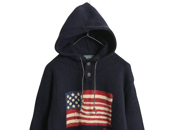 復刻 ポロカントリー ラルフローレン 星条旗 ニット パーカー メンズ M ポロ ラム ウール セーター プルオーバー ヘンリーネック ネイビー
