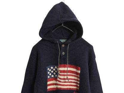 復刻 ポロカントリー ラルフローレン 星条旗 ニット パーカー メンズ M ポロ ラム ウール セーター プルオーバー ヘンリーネック ネイビー